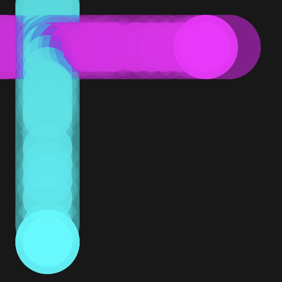I got the trails to be smoother by adjusting the alpha value to be 1, so it's the lowest it can possibly go. I added a glow effect by laying a semi transparent circle on top of the solid circles, and removing the outer strokes on all of them so they look like glowing orbs. I like the colour change then the trails overlap a lot, that could be a fun exploration for the final project.