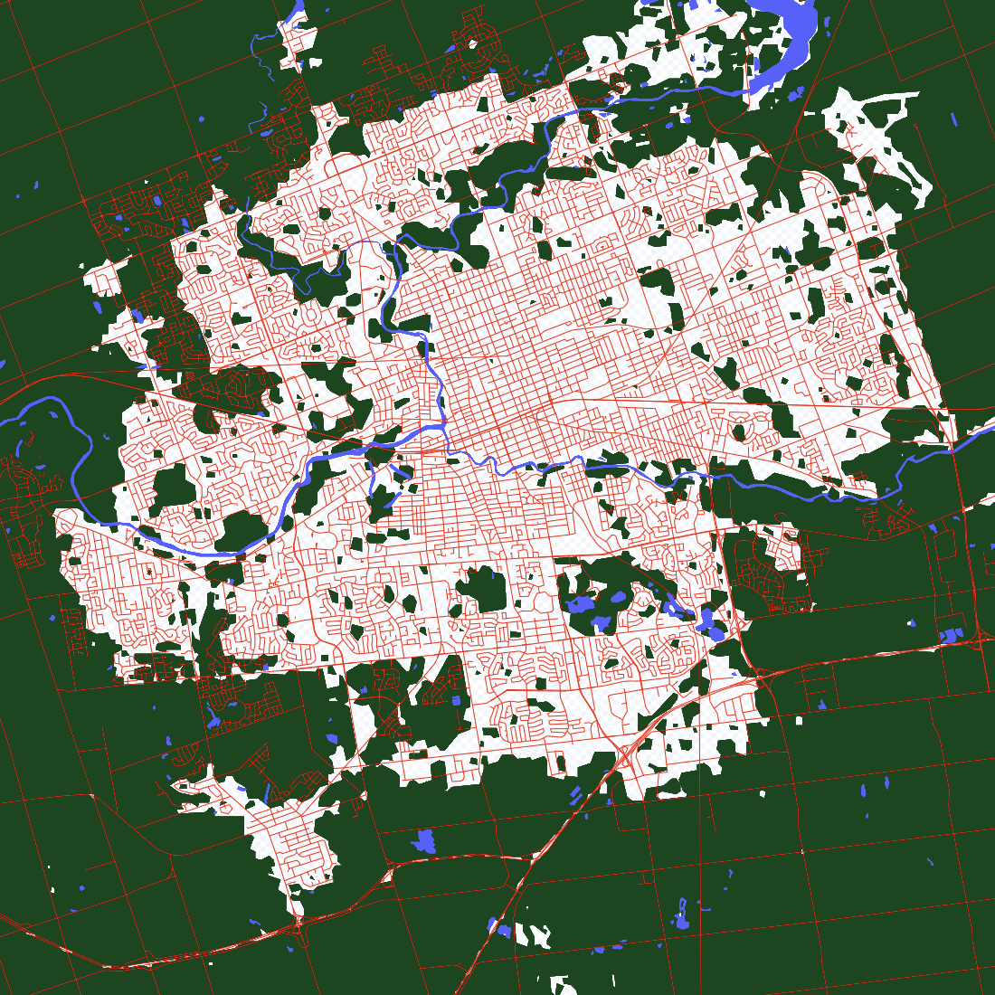 Here is where I turned the road layer on, to compare it to the urban vs natural regions and see where new development has most recently taken place. The urban vs natural data is slightly out of sync with the roads, making me believe the roads that cross into the green are newer developments that haven't been captured yet.
