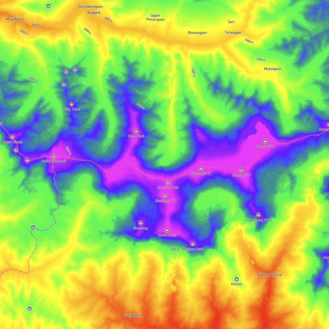 I tried to play with colour scales for elevations, and I REALLY wanted it to be 3D but was unable to make the terrain 3D. The guides online show a way to use MapBox styles that matches Steve's tutorial, but is no longer possible (at least with my free account) as the UI options to select the beginner style with the right dataset is not an option anymore. However this does look pretty cool still. Red is the lowest elevation, set to 2000 meters, and Violet is the highest set to 8000 meters. This is a mountain range along the border of Nepal and China, on the Nepal side.