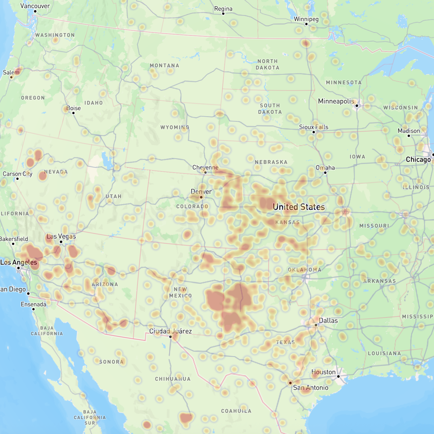 I learned how to make a heatmap here, using an imported dataset from NASA. This is a heatmap showing meteorite impacts on the planet, and I zoomed in on The United States because it had a lot of diversity in the heatmap density. I made it slightly transparent at 0.4 opacity, so you can see the labels underneath the heatmap, because the original version was fully opaque and you couldn't read anything under it at all.