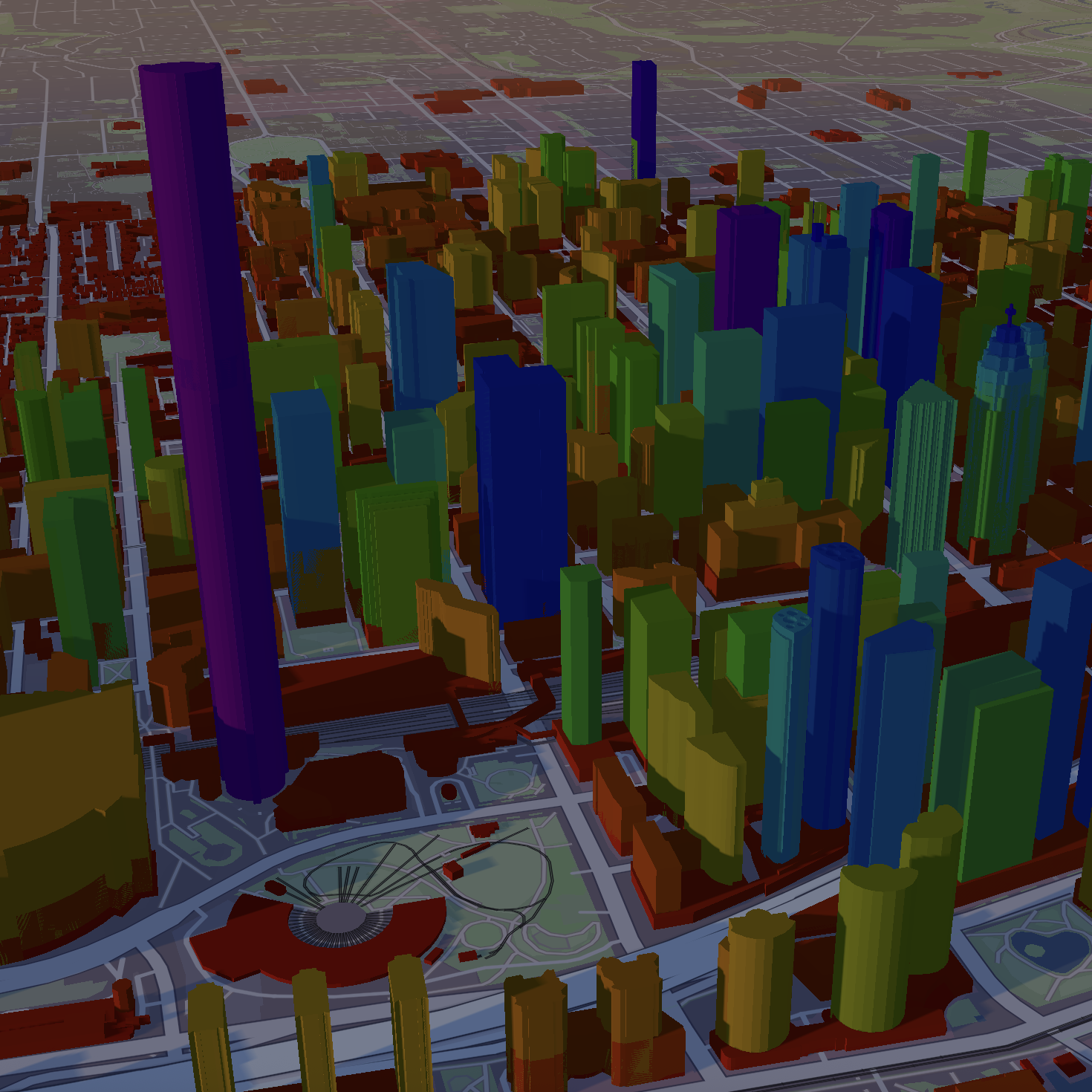 I tried to follow one of the Mapbox official tutorials for making 3D buildings, and then took my knowledge from the 3D topology work I did to colour code them... but you can see that didn't go well. The UI of the tutorial documentation is different than the current UI, and the map data is also a lot different, and the lighting extrusion control is completely gone from the UI now. I was able to get extrusions to work, and I got colour coding to work, but The CN tower looks ridiculous because I couldn't control anything beyond the initial footprint shape extrusion. This could be cool to show heights of buildings quickly, but it loses realism with the blocky shapes. The Rogers center in the bottom left is also hilariously shaped. My scale started at 0 meters being red, and went up in increments of 50 meters going from red to magenta.