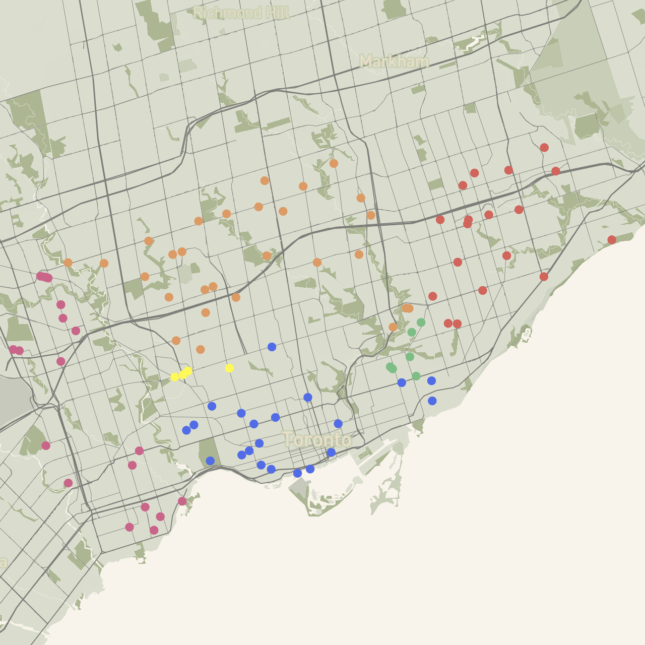 Here I sourced a geojson file showing installations of renewable energy in Toronto, and visualized it into the 6 'districts' of Toronto. Original Toronto is blue, Etobicoke is pink, York is yellow, North York is orange, East York is green, and Scarborough is red.