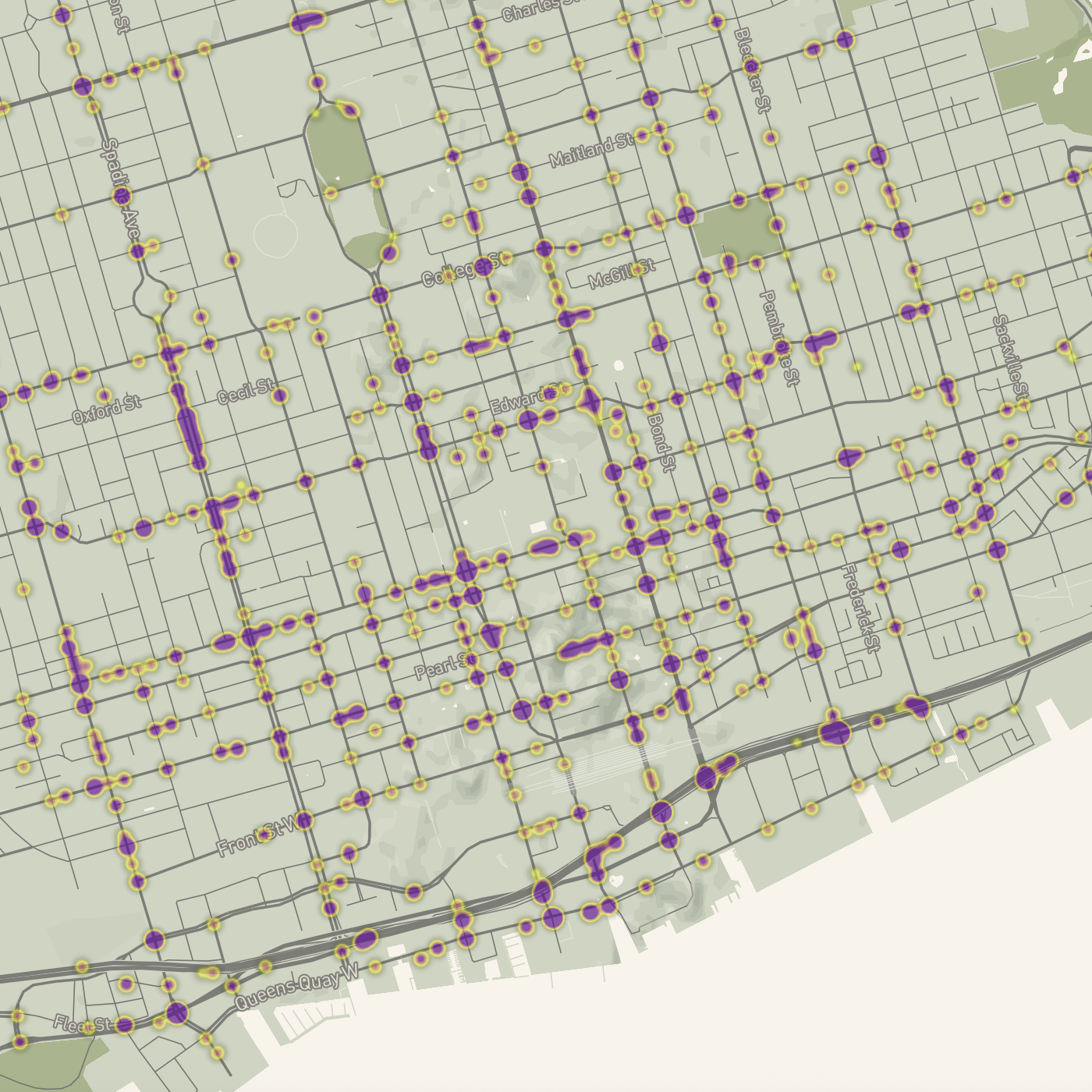 I finally found a GeoJSON dataset I could use, this time for vehicle accidents leading to a fatality or serious injury in Toronto. I turned it into a heatmap to show the areas of highest incidence as the darker purple, and areas with the least amount of collisions as the lighter yellow colour. I can't zoom out too far or it all vanishes and I don't know how to change that yet, so I did a close up zoom of downtown Toronto with some street names still visible to wayfind where in the city a person is looking.