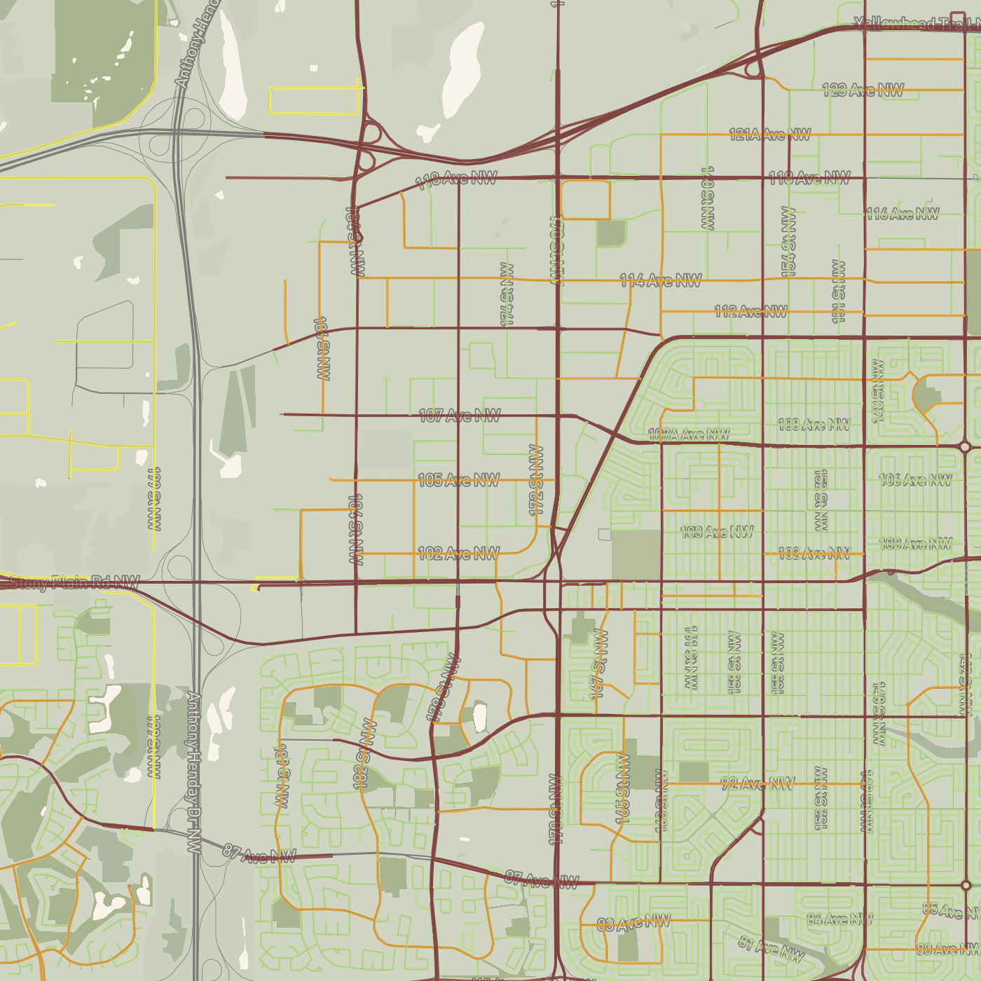 Here I did data driven lines to show the priority of snowplowing services in Edmonton, AB. The highest priority is a dark red, a medium orange is 2nd highest, light yellow is 3rd highest, and a light pale green is the lowest priority. I chose light pale green for it so it would blend more into the background and not pull as much attention, but it's still visible if you look closely.