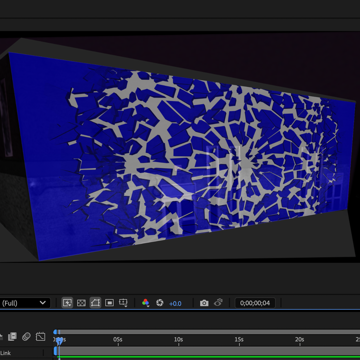 I played with the shatter effect more and trialed some different styles of shattering, and then went back to glass and played with the size of the glass. I learned that you can make the shatter 'tiles' smaller with glass by increasing the 'repetitions' of the 'shape' in the effect. The default was 10.0 and I changed it to 40.0