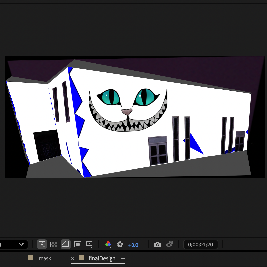 I added a Cheshire cat because Alice In Wonderland is amazing, and I wanted to use it instead of the Sheridan S logo. If I had more time I would have liked to learn to do some kind of perspective warp on the Cheshire Cat to make it look more ominous and large, and also be in perspective with the face of the building. Steve said that's something you can do more in the advanced tutorial I believe, so it's beyond the scope of module 2 activity 2.