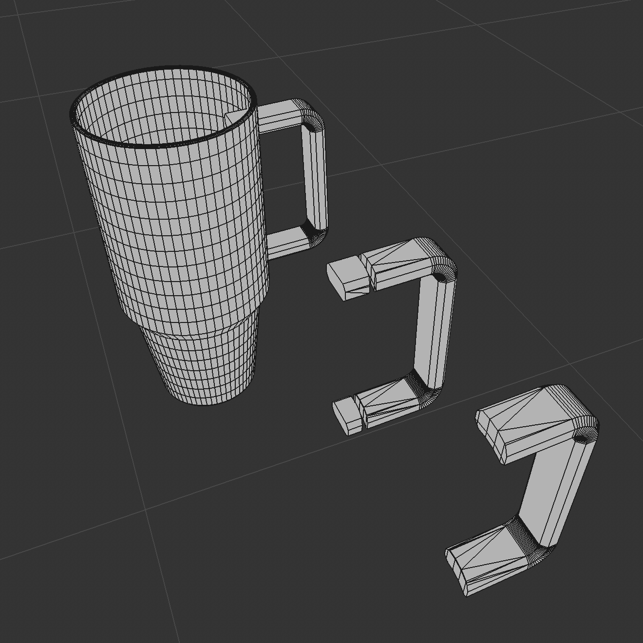 I tried to use extrude to push the handle extension arms back in so they wouldn't punch through the tumbler wall, but it didn't work. I solved this by making a copy of the tumbler and handle, then did a boolean subtraction to subtract the tumbler from the handle. I copied that group and then combined it all into 1 poly object, where I was able to edge select the excess I didn't need and delete it.