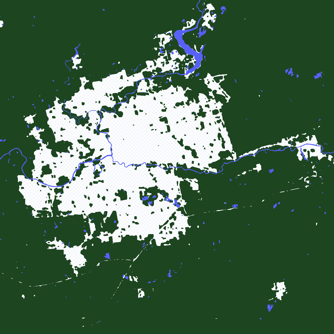 This is weird and kind of cool. This is showing the urban vs rural areas of London and surrounding county. Everything dark green is manicured nature or untouched wild growth, and the white transparency grid is the void where urban expansion has taken root. Blue represents all sources of water.