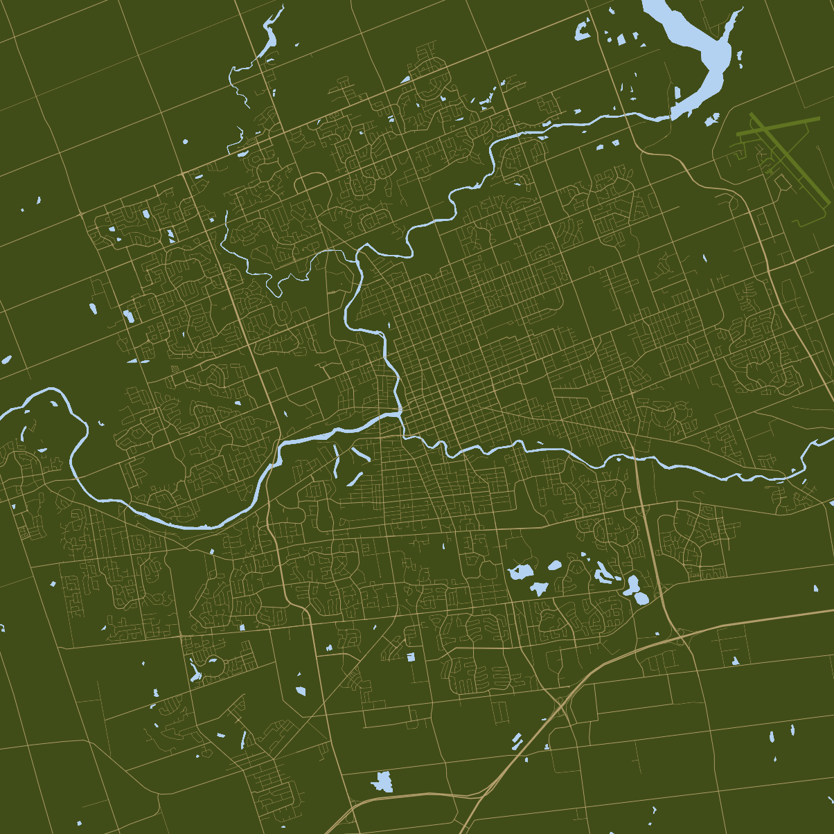 This is where I turned off everything I didn't need for the London map. I kept the roads, water, and land layers visible but disabled all labels, and I'm zoomed out so far buildings are not visible. I will use this version or something very close to export to Illustrator now that I have an idea of what I want my final project to be. This image illustrates the current urban sprawl of London fairly well, while keeping a beautiful colour pallette.